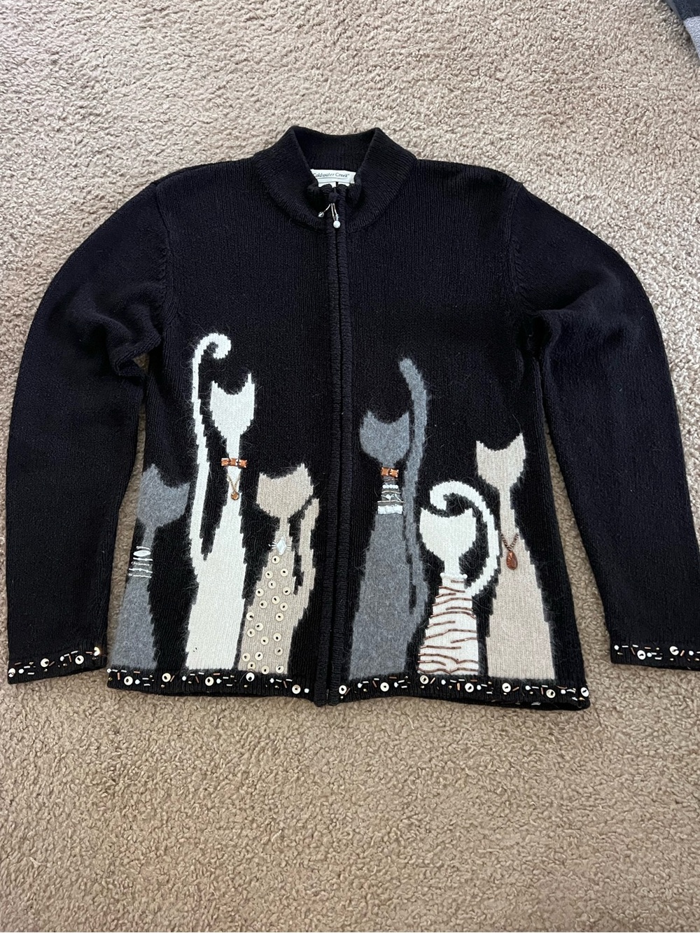 VTG Coldwater Creek "Retro Cats" Beaded Cardigan- Quirky, Whimsygoth, 90s Indie